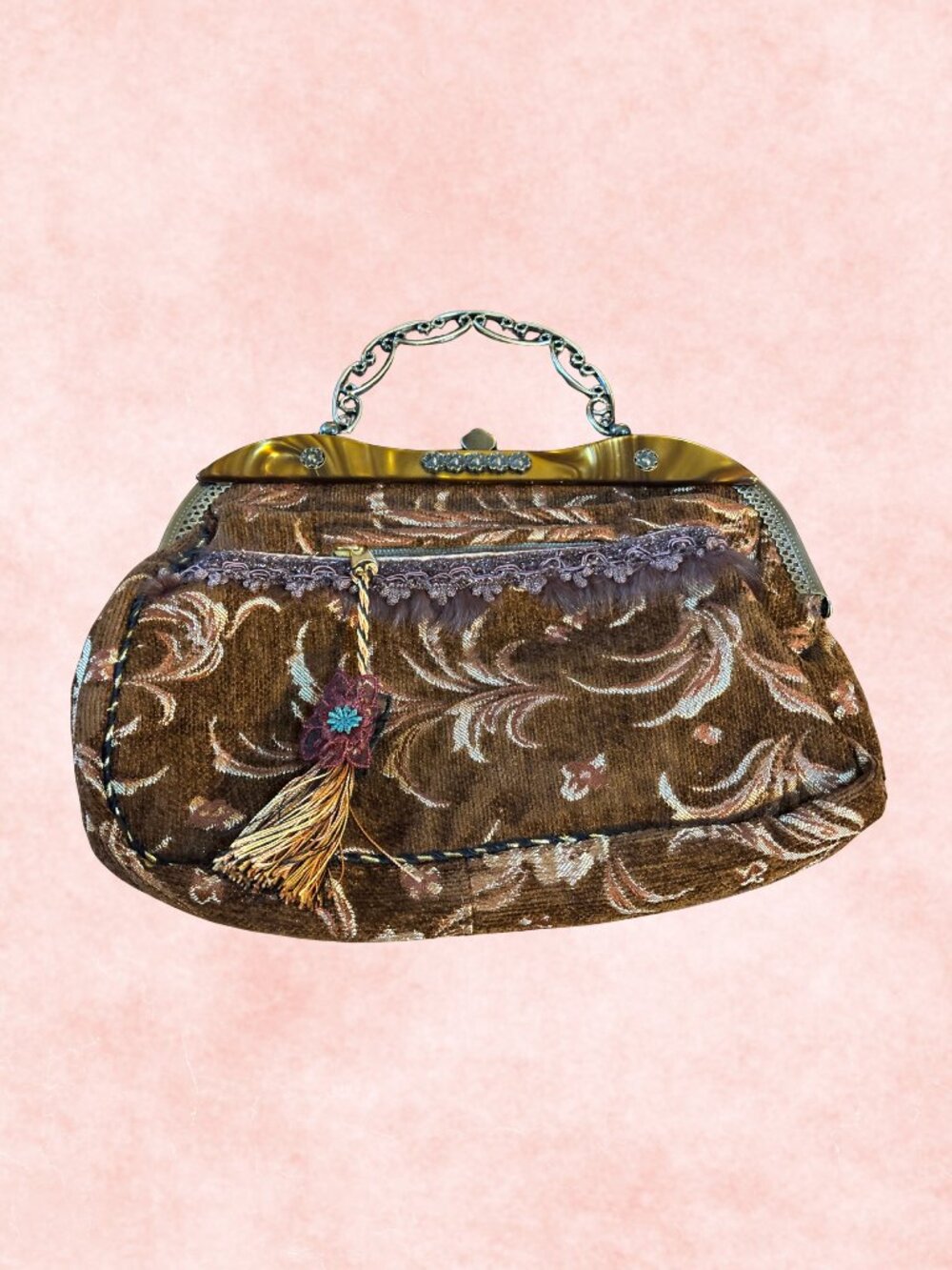 Tapestry Handbag / Clutch Purse in Brown & Gold